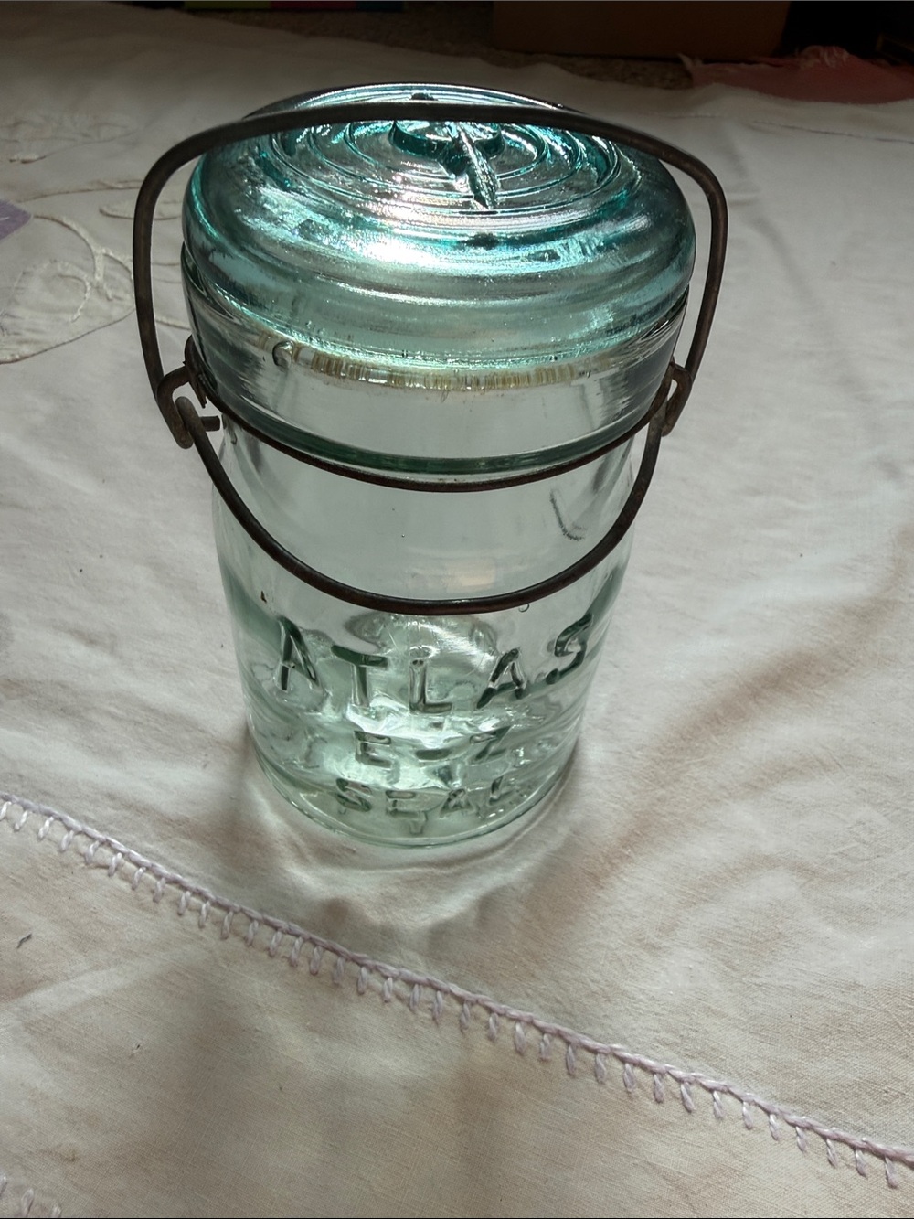 Aqua Glass Jar with Wire Bail Lid - Vintage Home Accent ~6”